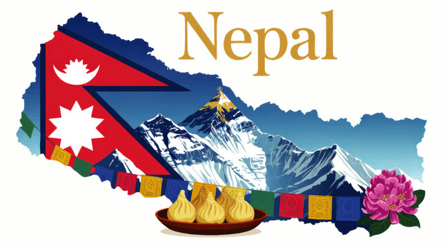 Nepal travel illustration with flag, Himalaya mountains, Everest peak, prayer flags, momo dumplings and rhododendron flower