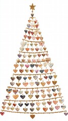 Elegant Christmas tree decorated with multiple heart-shaped ornaments in gold, silver, pink, and blue, topped with a shining star for festive holiday ambiance