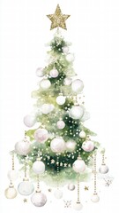 Beautiful white Christmas tree decorated with delicate ornaments and sparkling beads topped with a shimme gold star for festive holiday celebration