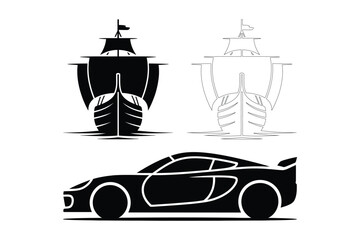 Transportation silhouette icons featuring a sailing ship and sport car © Sadek