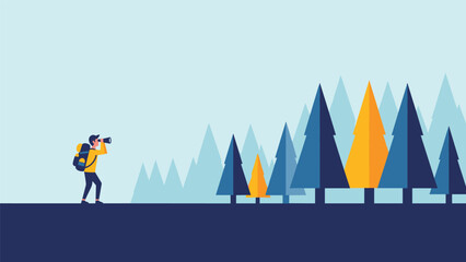 Hiker with binoculars looking at a forest, spotting a unique golden tree, symbolizing discovery, individuality, and finding opportunities.