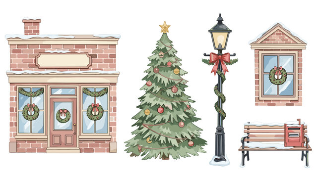 Charming collection of Christmas town elements including a decorated shop, Christmas tree, lamppost, and a snowy park bench.