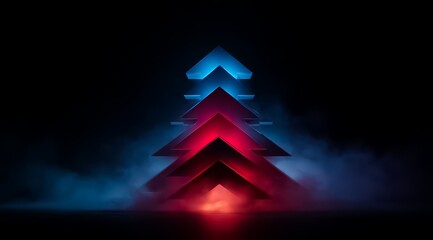 Christmas tree made of paper with red and blue arrows. The tree is lit up and surrounded by smoke