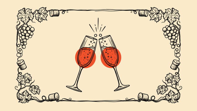Vintage-style hand-drawn illustration of two sparkling wine glasses toasting, framed by a border of grapevines and corks.