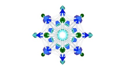 A vibrant and intricate network diagram with interconnected blue and green nodes