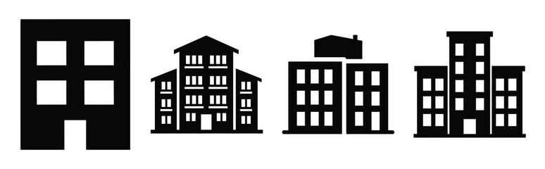 apartment building silhouette icon set, black color and white background