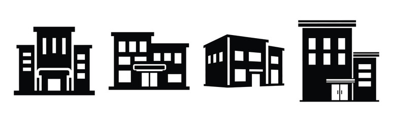 commercial building silhouette icon set, black color and white background