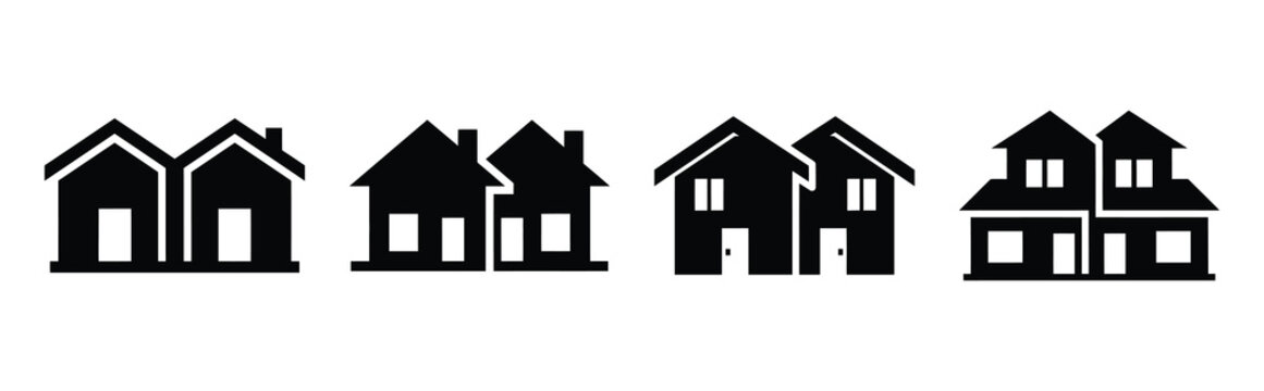 duplex house silhouette icon set, black color and white background