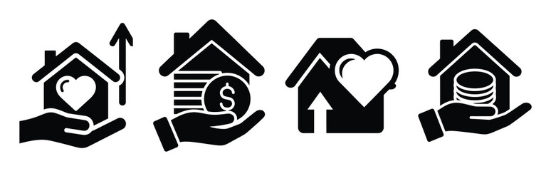 housing assistance fund silhouette icon set, black color and white background