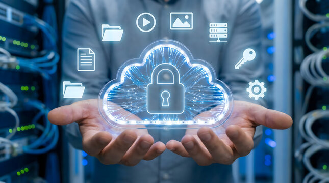 IT,specialist,holding,glowing,cloud,icon,with,padlock,and,data,management,symbols,in,server,room,representing,cloud,computing,security,cyber,protection,and,safe,storage,solutions,for,business. - Powered by Adobe