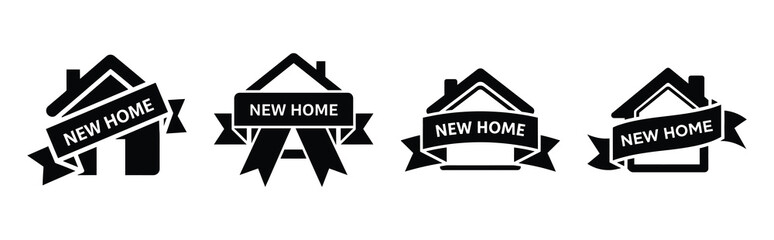 new home ribbon silhouette icon set, black color and white background