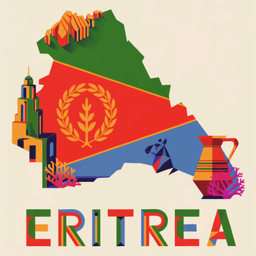 Colorful Eritrea map with national flag, landmarks, culture and typography in modern flat geometric travel illustration