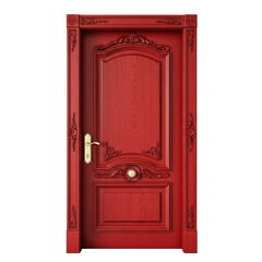 classic red door with ornate trim on a white background	