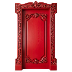 classic red door with ornate trim on a white background	