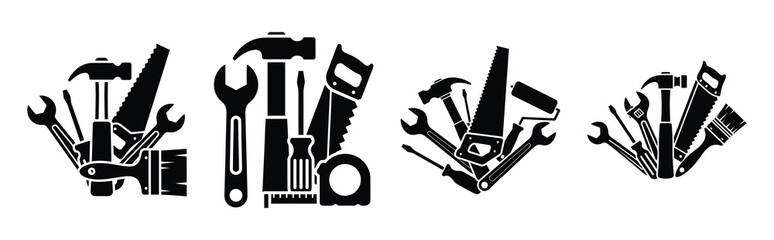 property renovation tools silhouette icon set, black color and white background