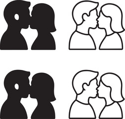 Couple Kissing Silhouette, romantic kissing couple, love gesture pose, minimal vector design, black silhouette, outline filled, isolated white background, clean icon, relationship
