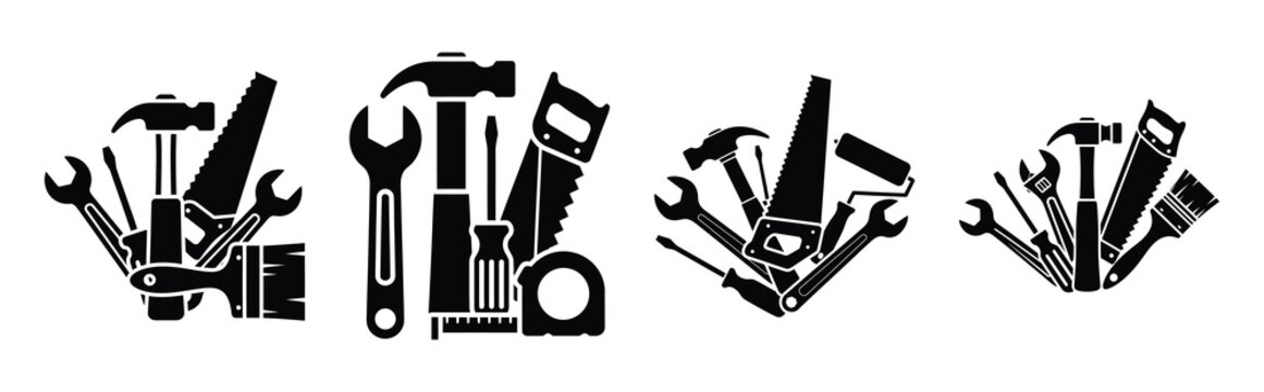 property renovation tools silhouette icon set, black color and white background