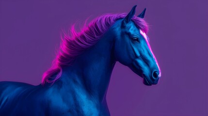 A profile portrait of a muscular horse with deep blue skin and a flowing, vibrant magenta mane, set against a solid purple background with a bright pink glow on its face.