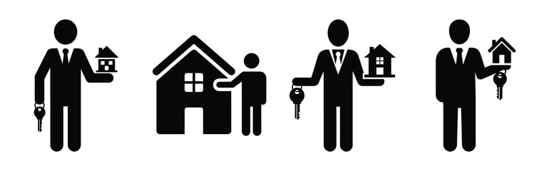 real estate investor silhouette icon set, black color and white background