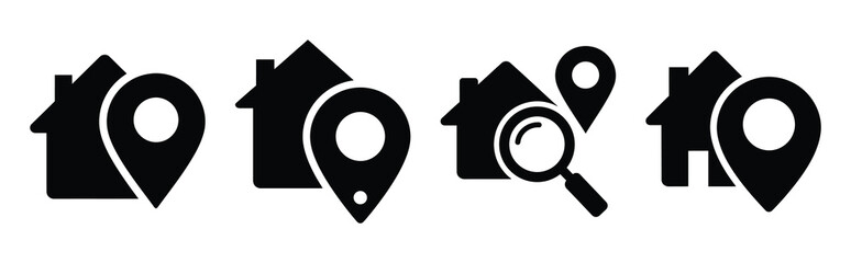 real estate location silhouette icon set, black color and white background