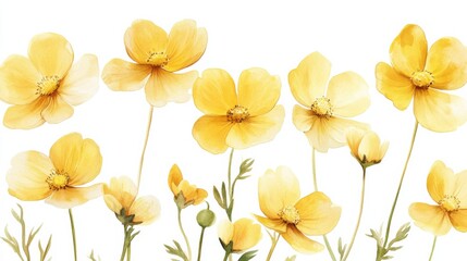 cute watercolor celandine flowers, soft yellow, white background