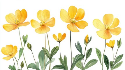 cute watercolor celandine flowers, soft yellow, white background