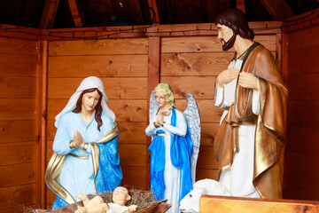 SPYTKOWICE, POLAND - DECEMBER 23, 2025: Traditional Christmas decorations, nativity scene by the church in Spytkowice, Poland.