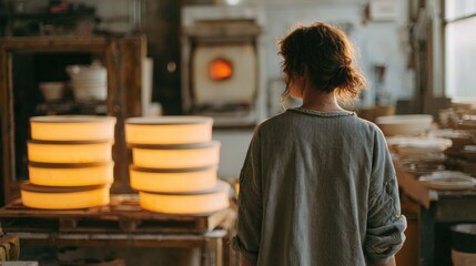Woman standing in a workshop, facing away from the camera. she is wearing a striped shirt and has her hair tied back in a messy bun.