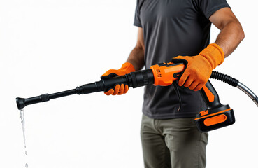 Person wears orange gloves holds black and orange power washer gun. Device sprays thin stream of water. Tool used for cleaning surfaces at home or outdoors. Portable electric cleaner.