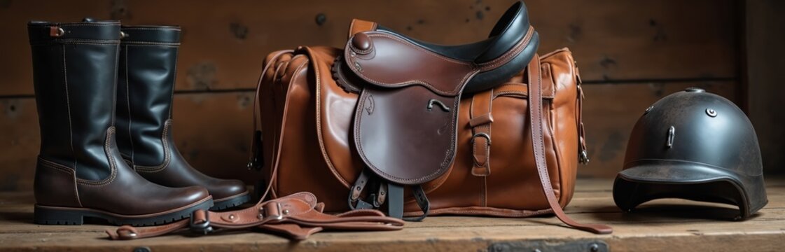 Collection of equestrian gear including a leather saddle, tall boots, helmet, and duffel bag. The horse riding equipment is laid out on a wooden surface. It represents a rider preparing for a trip. - Powered by Adobe