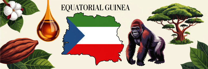 Fototapeta premium Equatorial Guinea vector illustration with flag map, gorilla, cocoa, palm oil drop, tropical rainforest tree and botanical elements