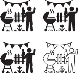 Backyard BBQ Silhouette, backyard grilling scene, outdoor summer BBQ, black silhouette, outline filled, minimal vector, isolated white background, clean icon