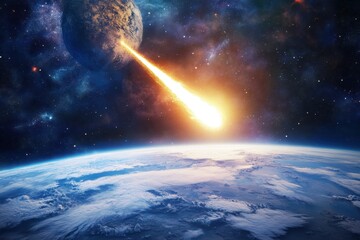 Meteor collides with Earth while a distant planet looms in the background of the cosmos