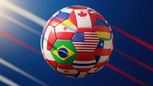 Soccer ball made of various international flags on blue background with light effects