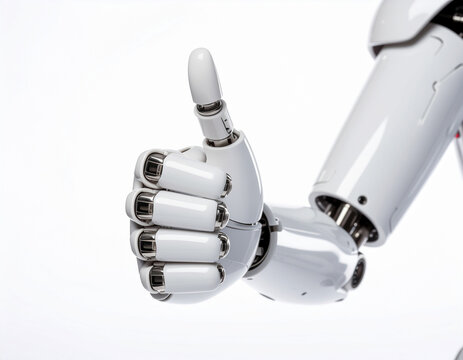 Robotic Hand Showing Thumbs Up Gesture on White Background