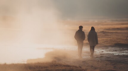 Couple walking on a beach at sunset. the sky is a beautiful orange and yellow color, and the sun is setting in the background, casting a warm glow over the scene.