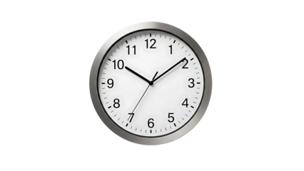 Round Silver Wall Clock Showing Time with Black Hands and White Background in Minimalist Setting