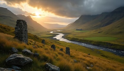 Valley with winding river and ancient stone ruins. Rolling green hills meet dramatic mountains under a soft sunset sky. Remote pastoral scene.
