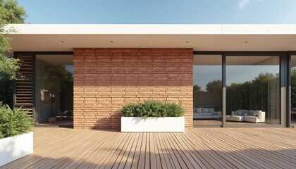 Modern house exterior with wooden deck and large glass windows. Brick wall adds texture to the facade. Green plants in white planter soften the sharp lines of this contemporary architecture.