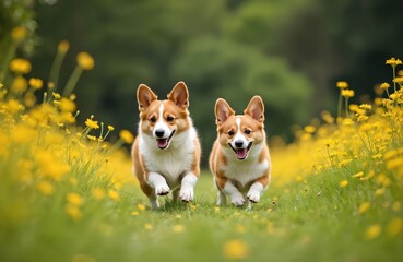 Two corgi pups run through yellow flower meadow grass. Adorable young dogs play together outside on sunny day. Happy pets enjoying outdoor summer fun, healthy active lifestyle.