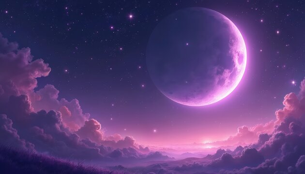 A large purple moon hangs in a starry night sky over fluffy pink clouds. Silhouetted hills and grassy fields are visible below. The celestial scene is dreamlike and serene.