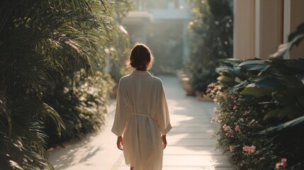 Woman walking down a long, narrow pathway in a tropical garden. she is wearing a white robe and her hair is tied back in a bun.