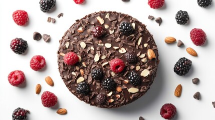 Flat lay dark chocolate cake with berries and almond flakes on white background