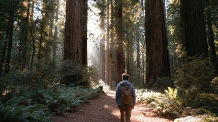 Person walking on a dirt path in a forest. the person is wearing a blue jacket and carrying a backpack. the path is surrounded by tall redwood trees and ferns.