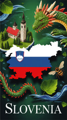 Slovenia travel poster with dragon, national flag map, church landscape, river and nature illustration on green background