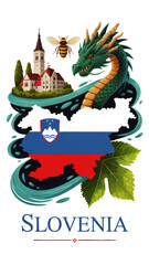Slovenia travel illustration with dragon, church, national flag map, bee and green leaves, colorful fantasy tourism poster design