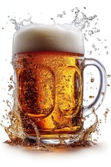 floating beer mug with foam and beer splash, isolated on white background