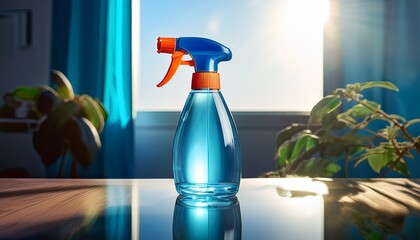 a blue spray bottle with an orange nozzle sits on a reflective surface soft sunlight filters through a window creating a bright atmosphere