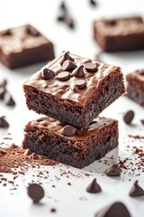 floating brownies with chocolate chips and cocoa powder splash, isolated on white background