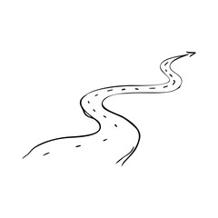 Winding road sketch, minimalist path with arrow. Hand-drawn illustration shows upward journey, symbolic winding road sketch.